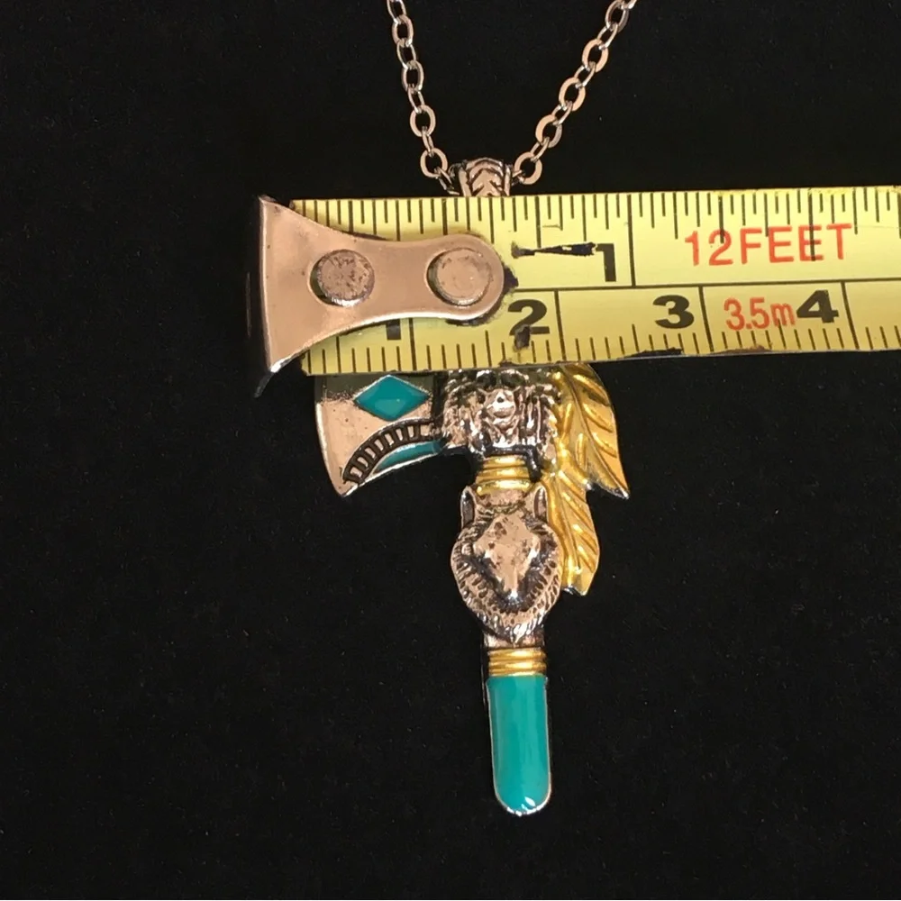Silver and Turquoise Indian Native Tomahawk Axe Necklace